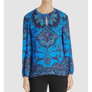Kobi Halperin Women's Floral 100% Silk Blouse Top Blue Long‎ Sleeve Boho